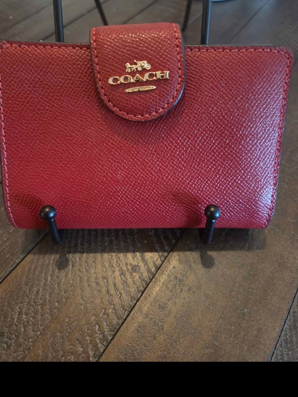 Coach Red Saffiano Leather Compact Wallet with Gold Logo Accent